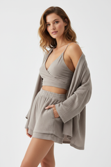 Luxury Lounge Co-ord Set in Muted Stone Taupe - Three Quarter Editorial