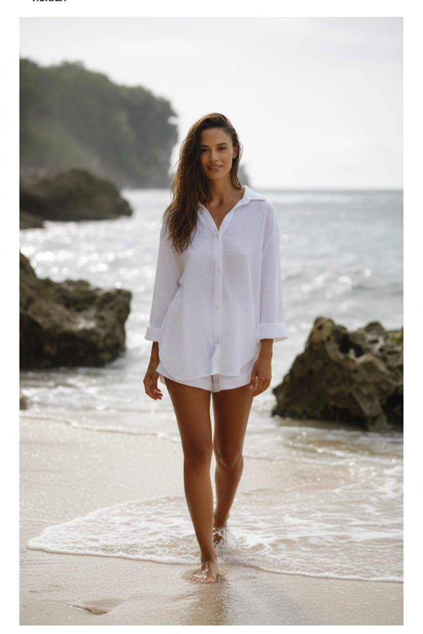 Luxury Oversized Beach Shirt Set in Soft Coconut White - Lifestyle