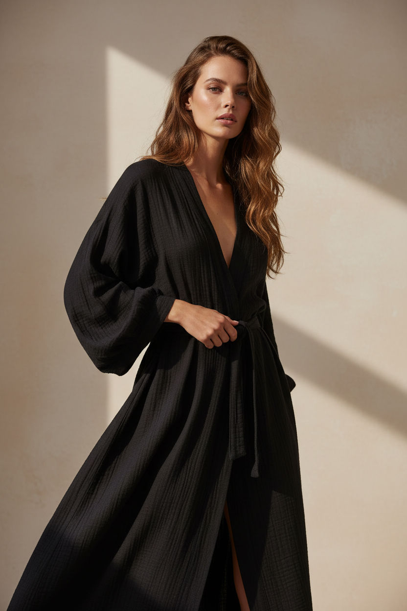 Luxury Lounge Robe Dress in Midnight Black - Three Quarter Editorial