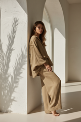 Luxury Textured Lounge Co-ord Set in Dusty Olive Nude - Three Quarter Editorial