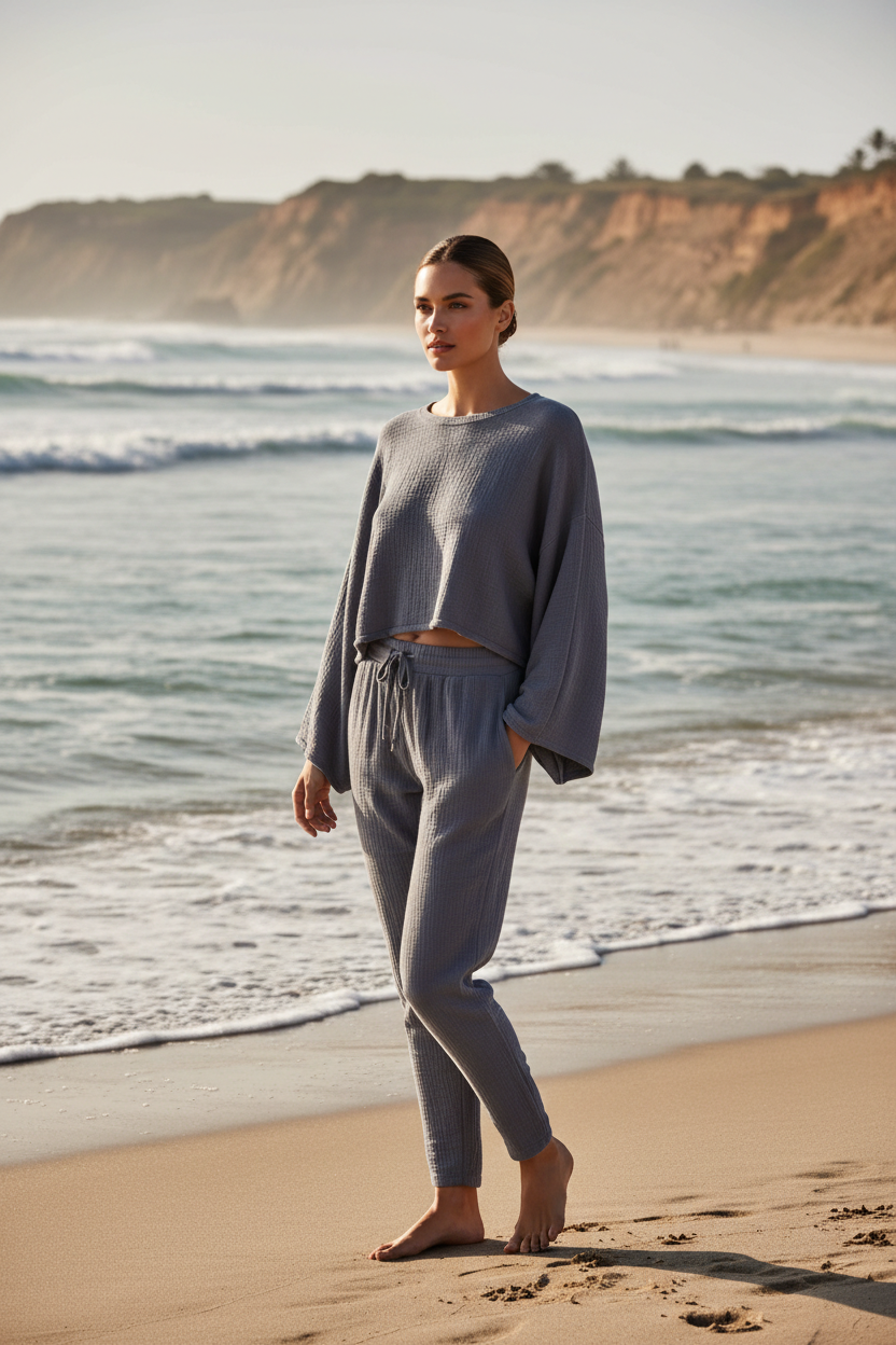 Luxury Midnight Beach Lounge Set in Stone Charcoal Grey - Three Quarter Editorial