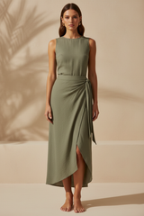 Luxury Asymmetrical Wrap Skirt in Muted Olive Stone - Front View
