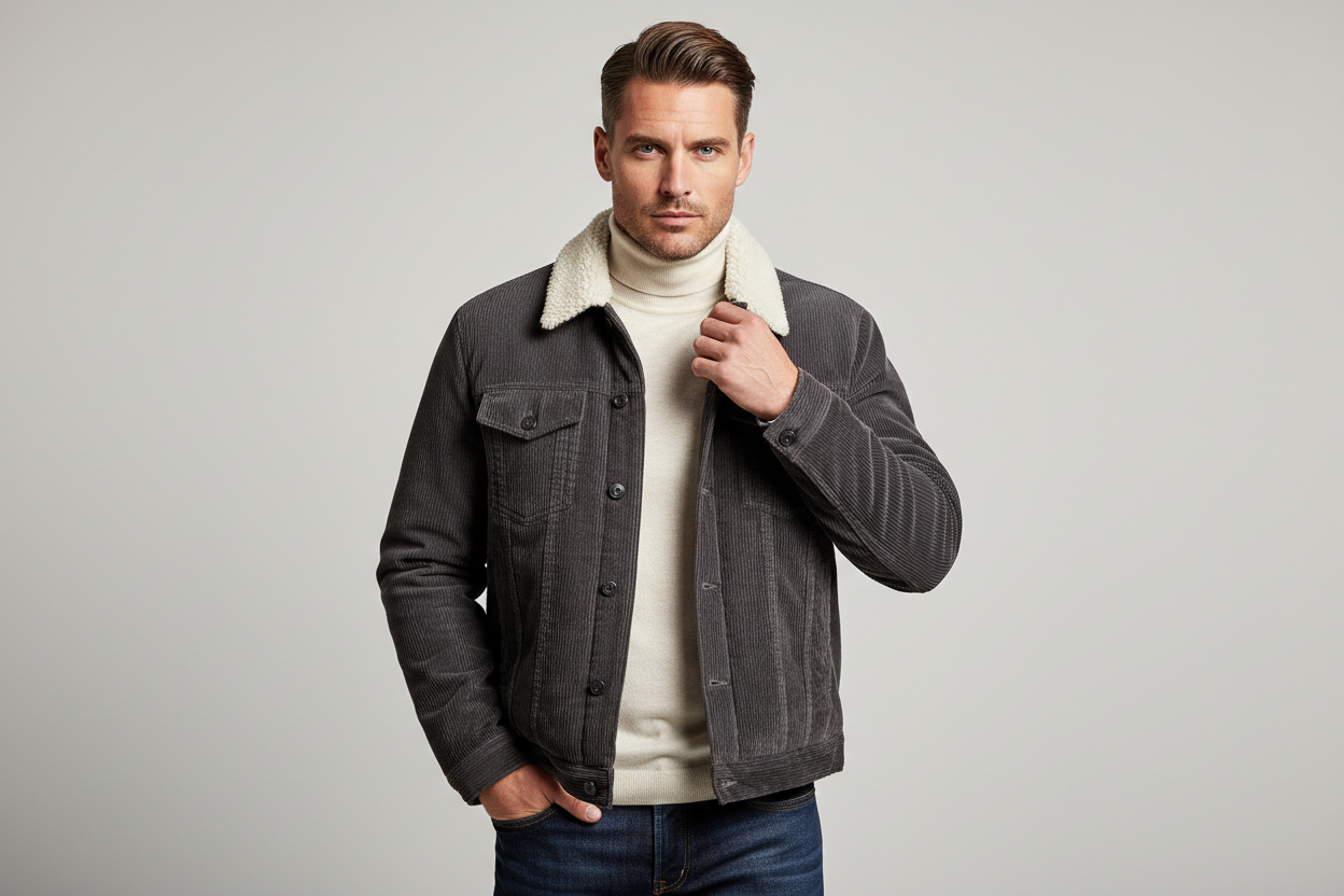 Luxury Sherpa-Collar Corduroy Trucker Jacket - Charcoal Grey - Lifestyle Campaign