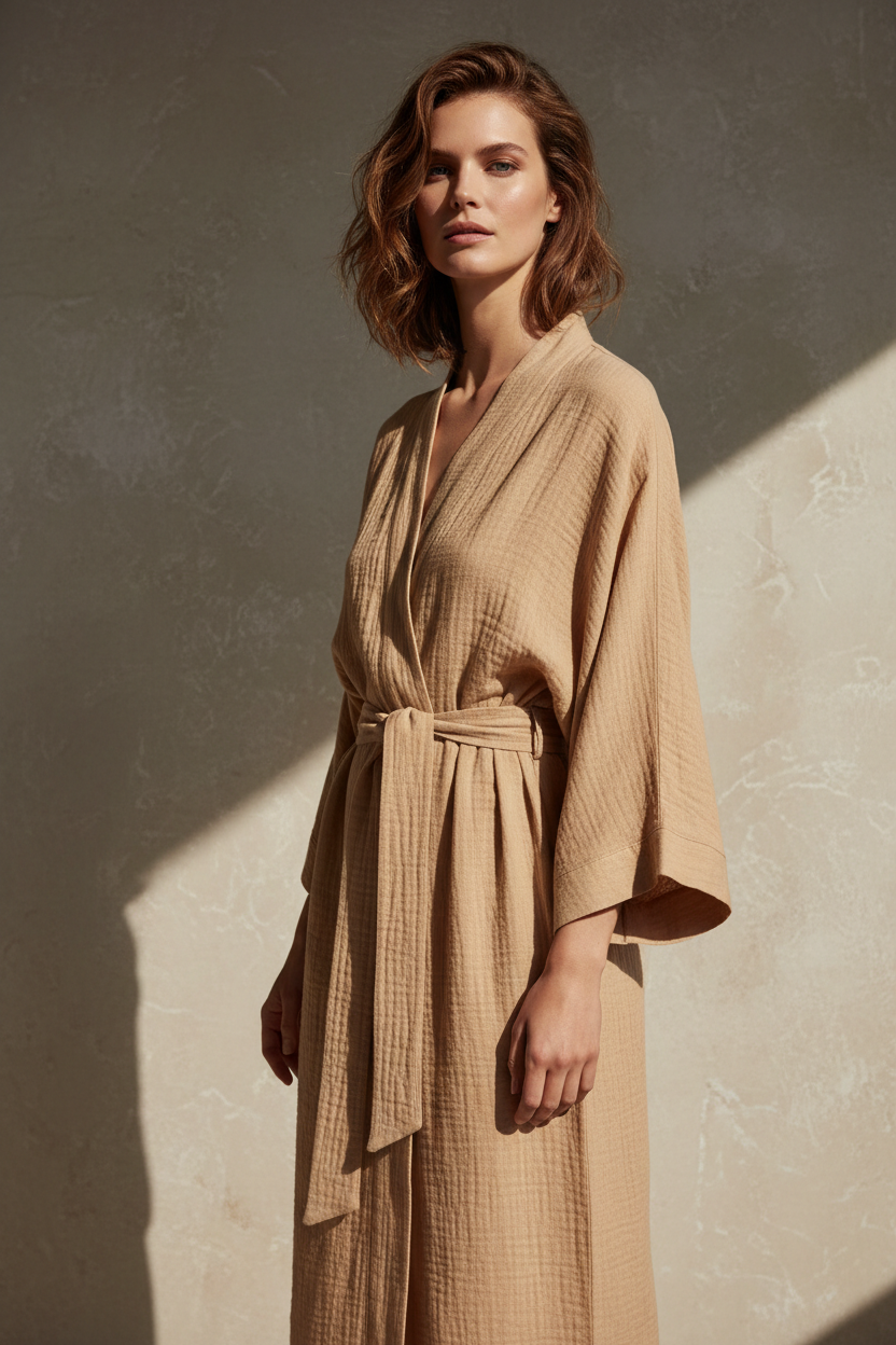 Luxury Lounge Robe Dress in Warm Sand Beige - Three Quarter Editorial