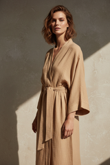 Luxury Lounge Robe Dress in Warm Sand Beige - Three Quarter Editorial