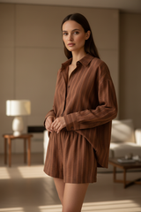 Luxury Striped Loungewear Short Set in Soft Cocoa Stripe - Editorial Pose