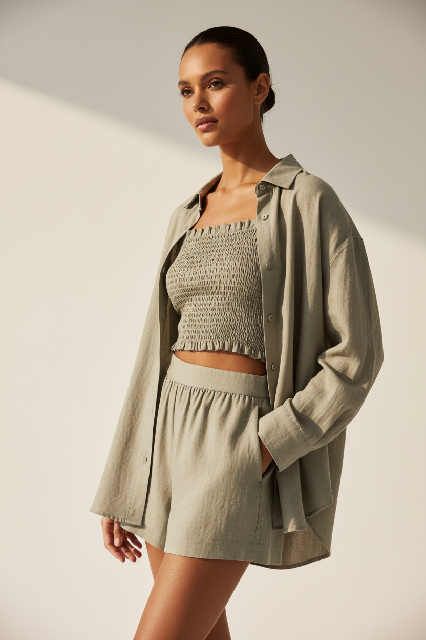 Luxury Smocked Camisole & Summer Shirt Set in Muted Sage Nude - Editorial Pose
