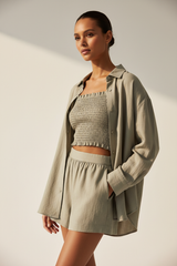 Luxury Smocked Camisole & Summer Shirt Set in Muted Sage Nude - Editorial Pose