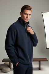Luxury Fleece Half-Zip Pullover - Deep Navy Blue - Three Quarter Editorial