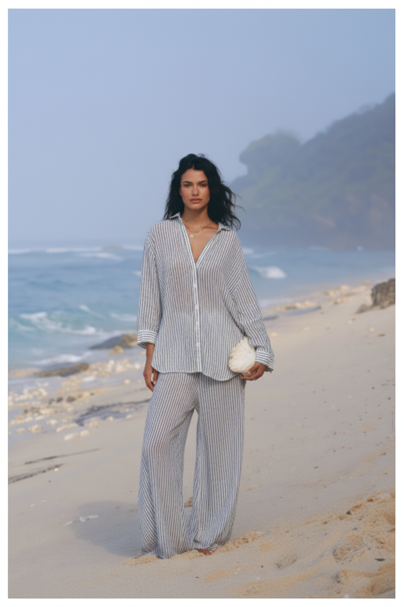 Soft Ivory & Charcoal Stripe – Front Full-Body