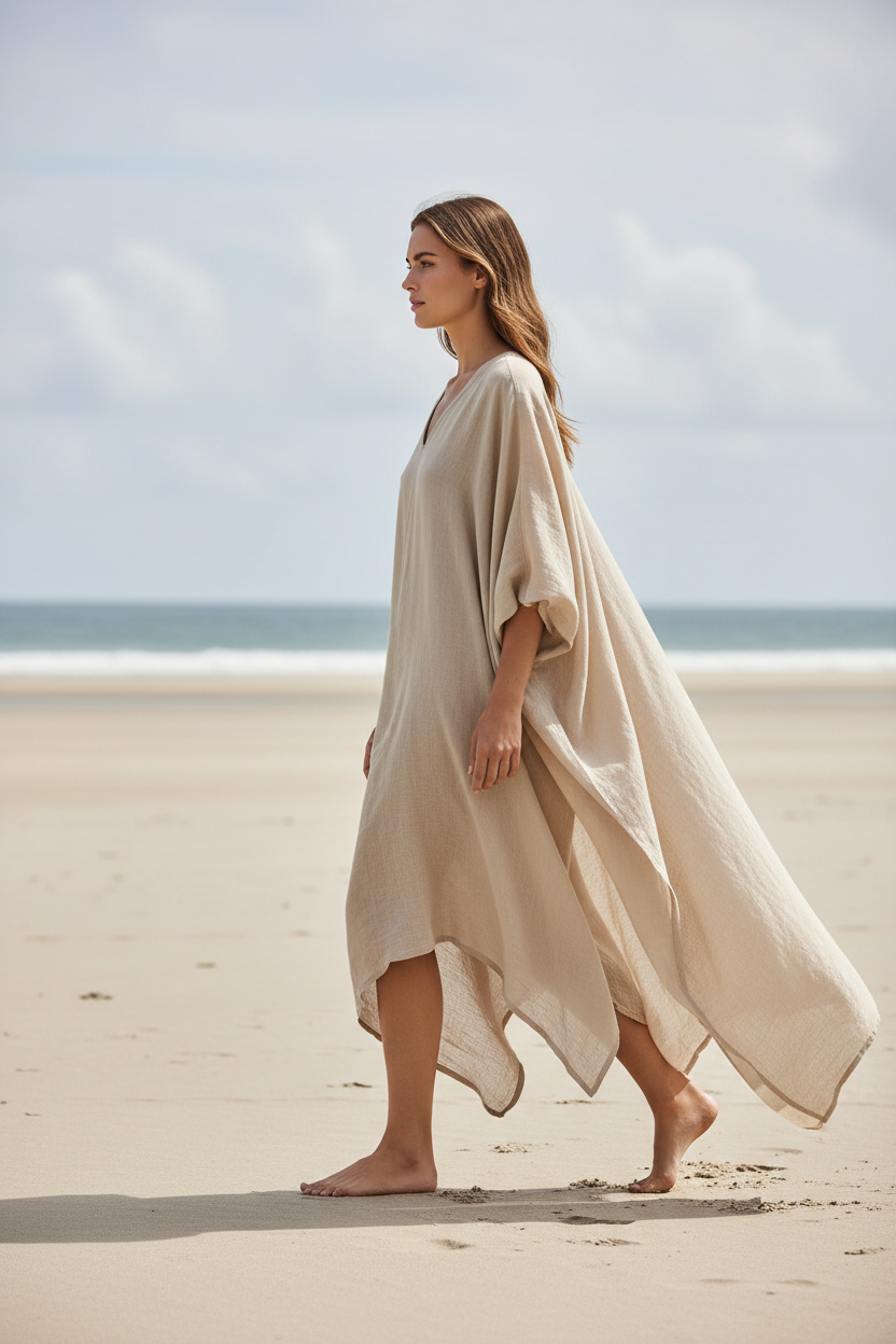 Luxury Resort Kaftan in Seashell Beige - Side Walking Pose