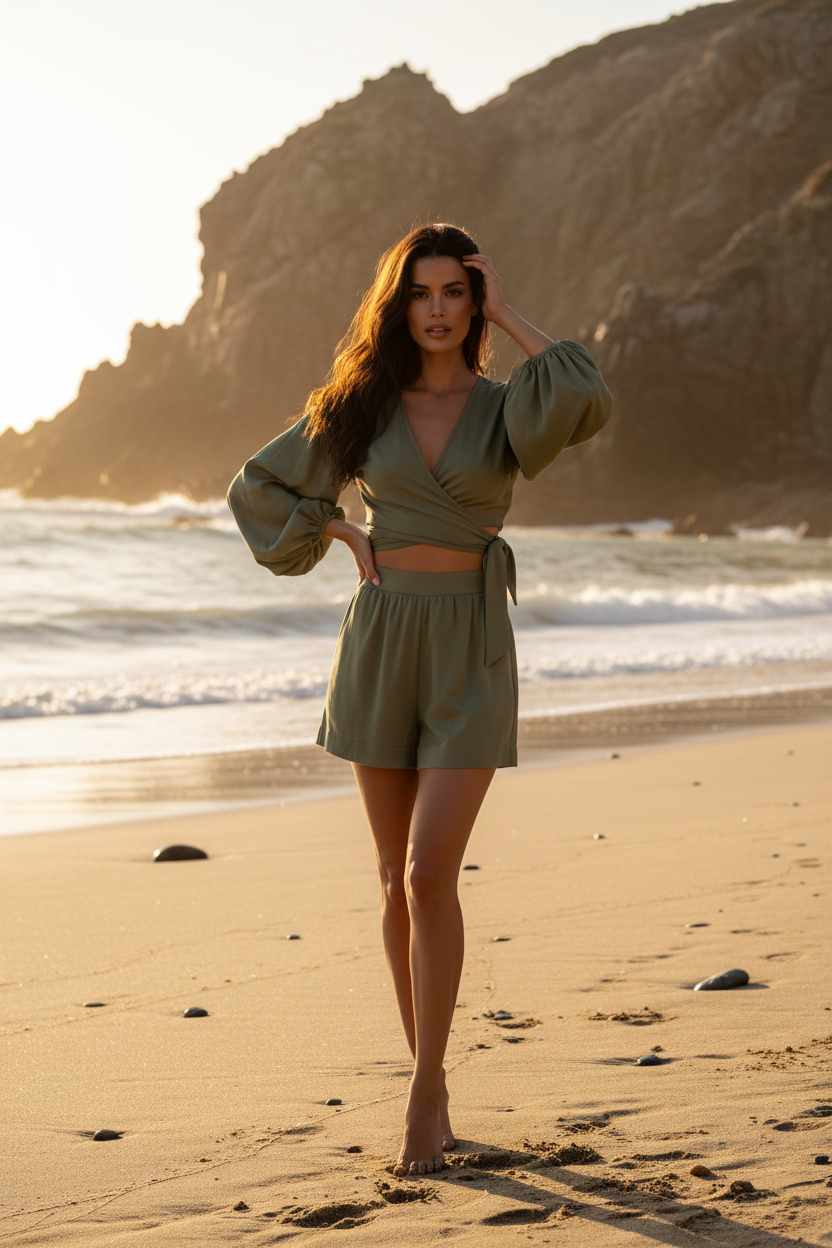 Luxury Beach Night Lounge Set in Muted Olive Shadow - Lifestyle