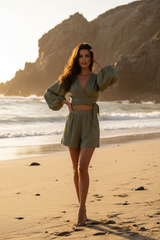 Luxury Beach Night Lounge Set in Muted Olive Shadow - Lifestyle