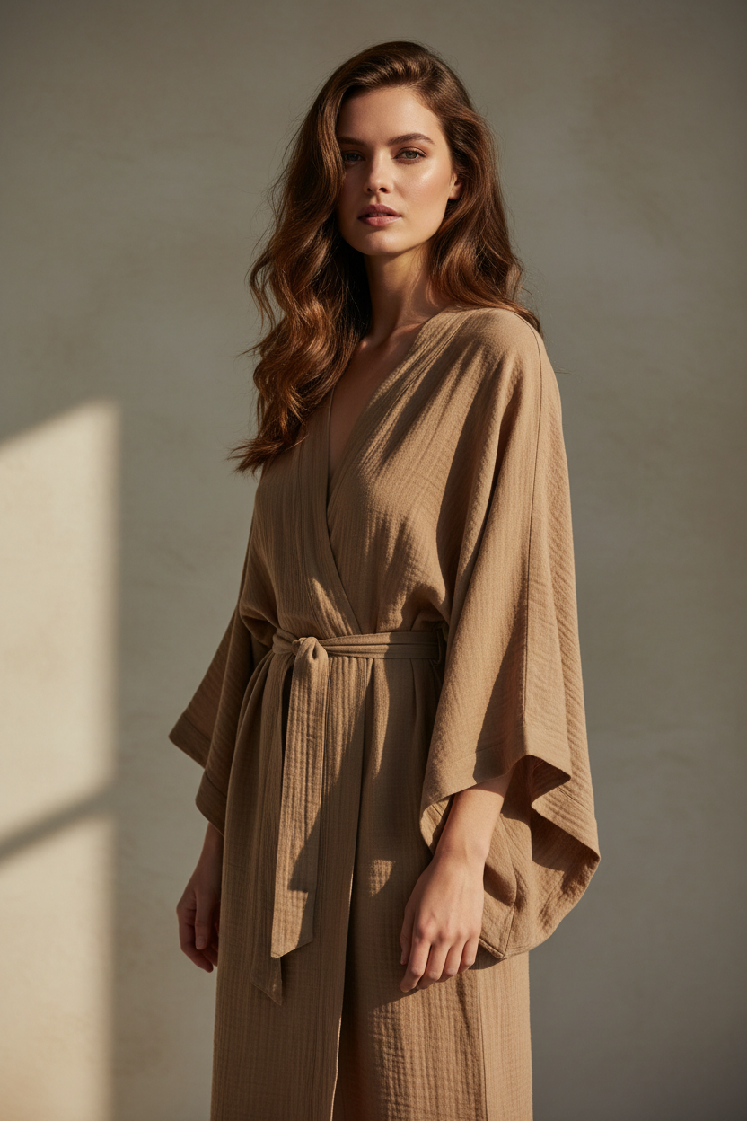 Luxury Lounge Robe Dress in Dusty Olive Nude - Three Quarter Editorial