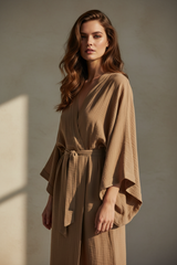Luxury Lounge Robe Dress in Dusty Olive Nude - Three Quarter Editorial