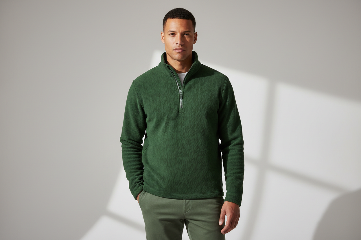 Luxury Fleece Half-Zip Pullover - Forest Moss Green - Lifestyle Campaign