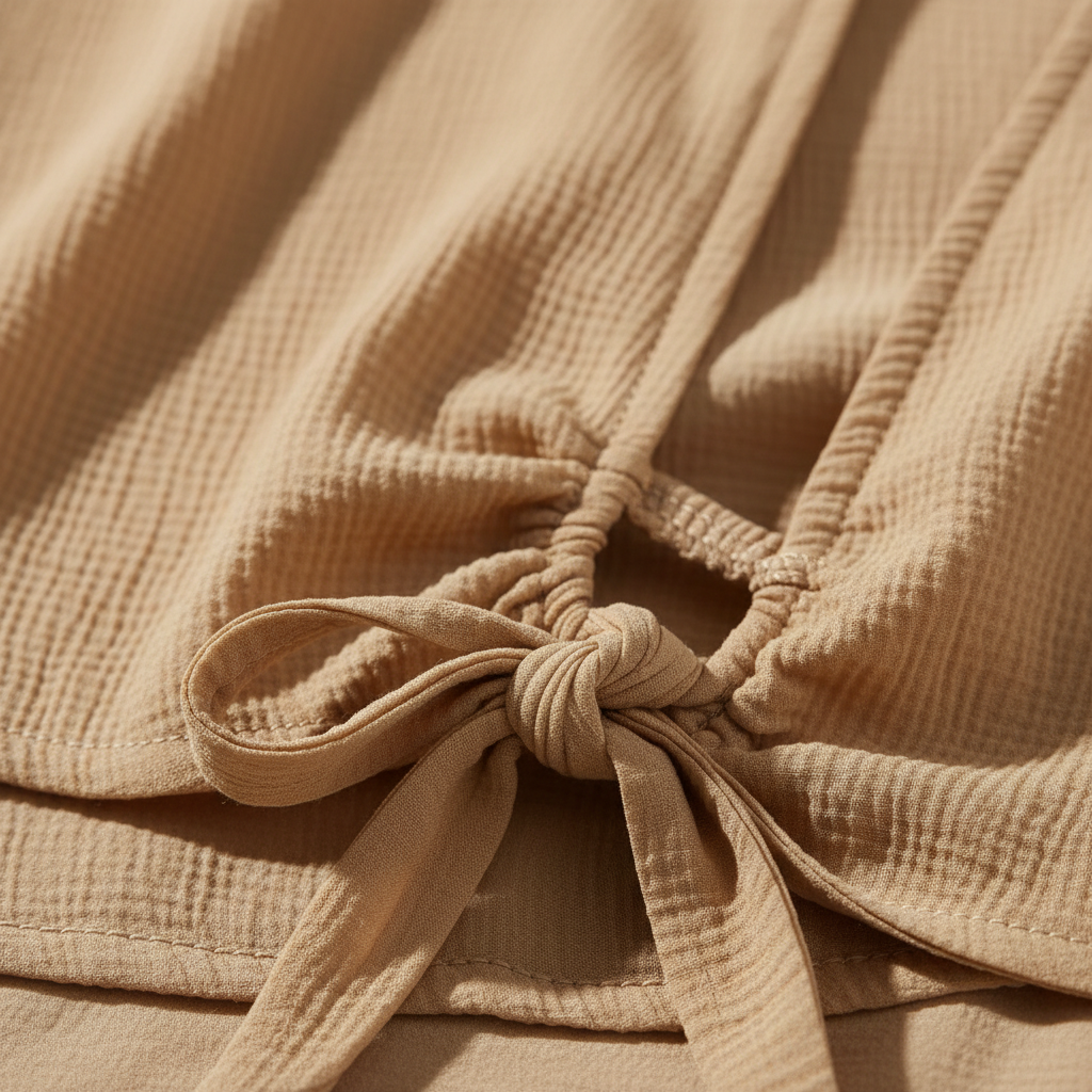 Luxury Sleeveless Crinkle Crop Top in Warm Sand Beige - Tie Detail