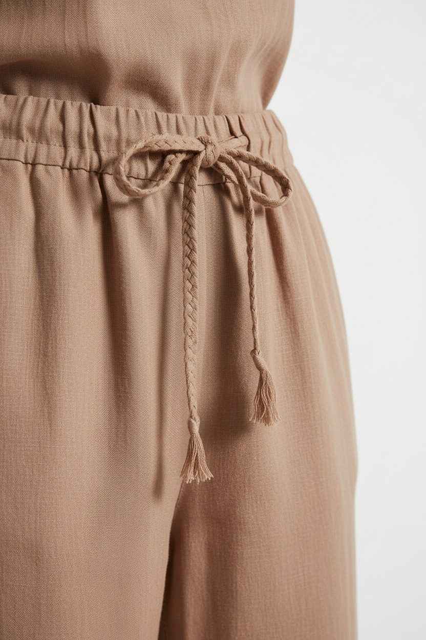 Luxury Minimal Linen Resort Set in Dusty Clay Nude - Fabric Detail