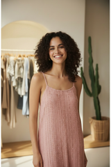 Model wearing Dusty Rose Boho Striped Maxi Dress - smiling boutique shot