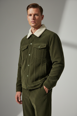 Luxury Sherpa-Collar Corduroy Trucker Jacket - Olive Forest Green - Three Quarter Editorial