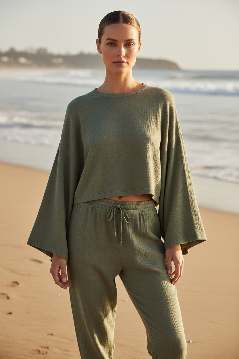 Luxury Midnight Beach Lounge Set in Muted Olive Shadow - Front Full Body