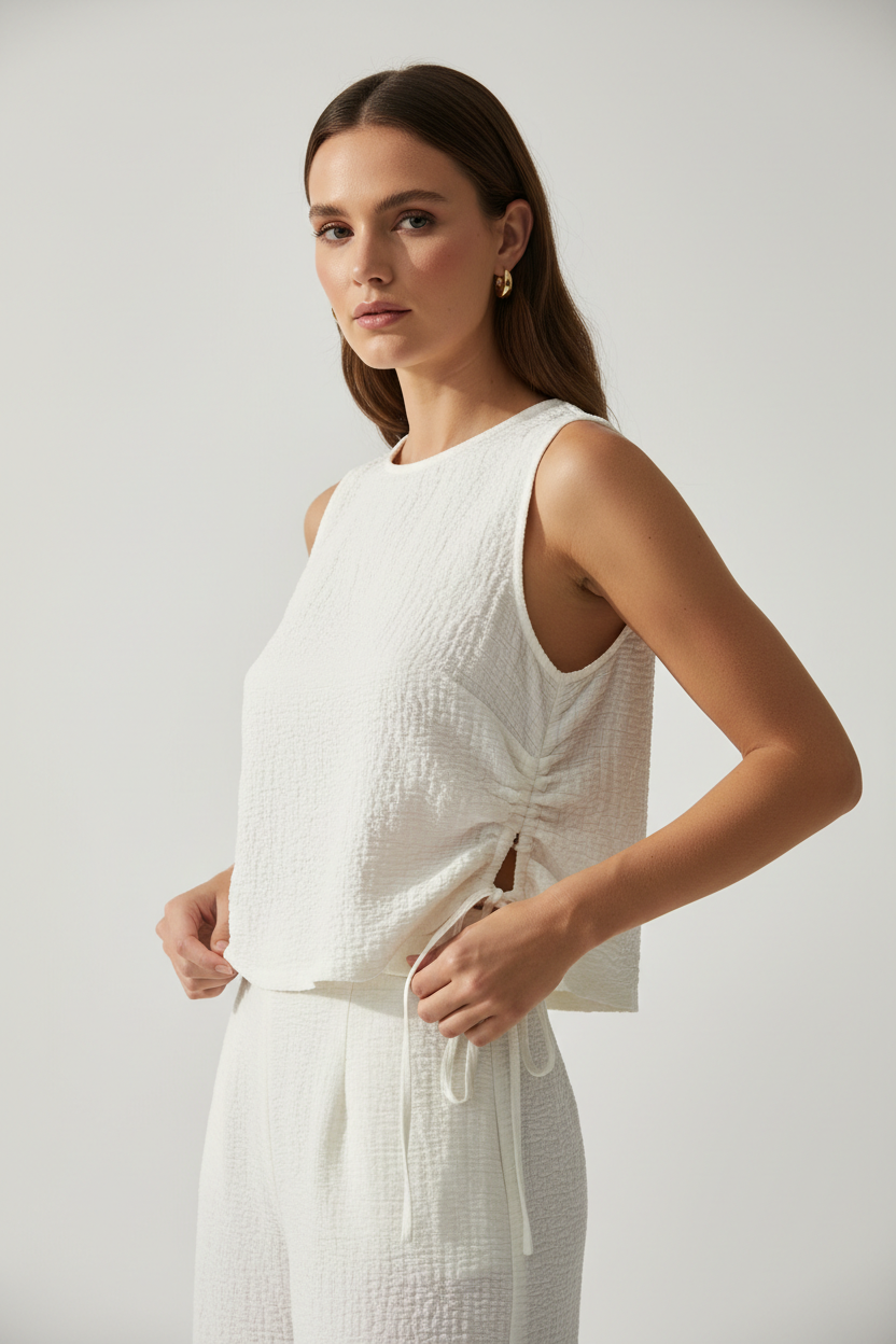 Luxury Sleeveless Crinkle Crop Top in Soft Ivory White - Editorial Pose
