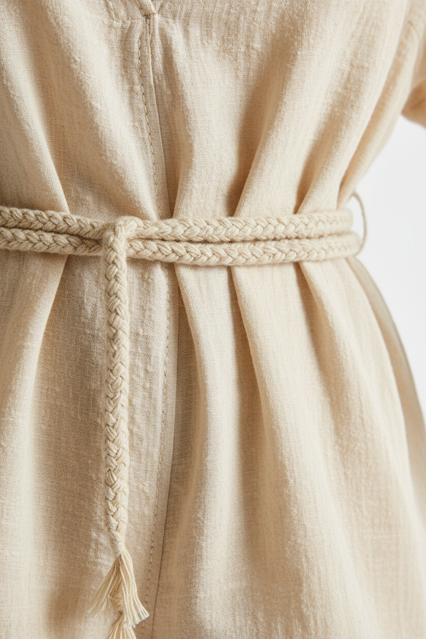 Luxury Linen Lounge Romper in Warm Coconut Cream - Fabric Detail