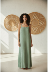 Model wearing Sage Green Boho Striped Maxi Dress - front view