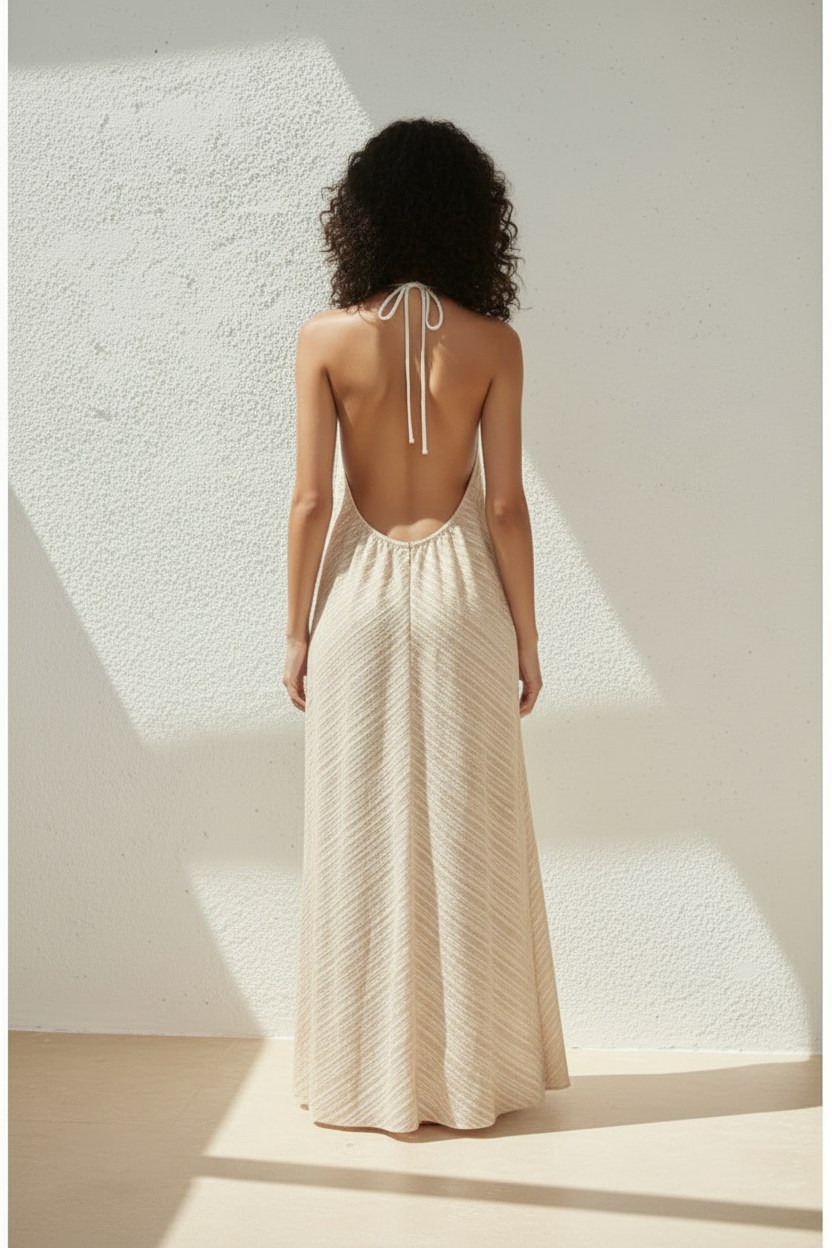 Crinkled Resort Maxi Dress in Sand Beige - Back View
