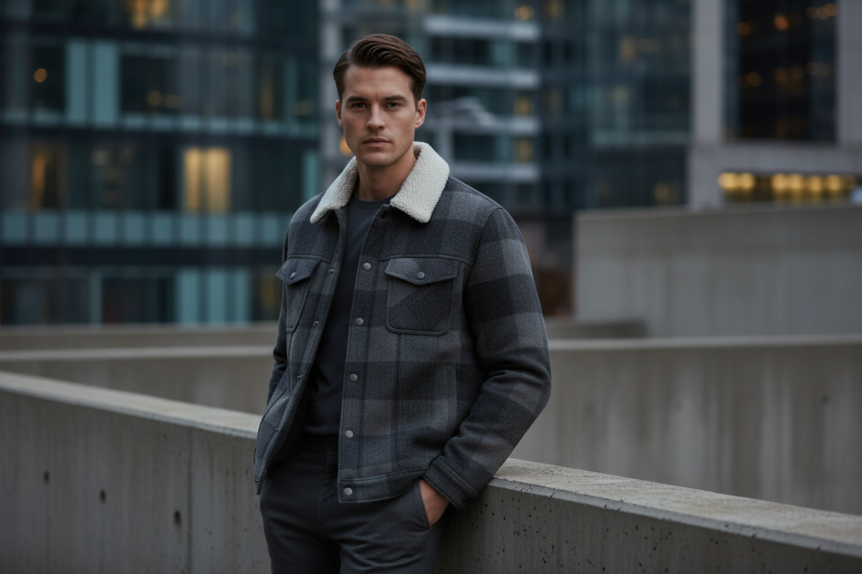 Luxury Plaid Sherpa-Collar Trucker Jacket - Charcoal Smoke Grey - Lifestyle