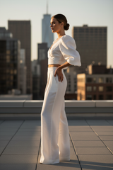Luxury Tailored Puff-Sleeve Pants Co-ord Set in Soft Coconut White - Side Angle