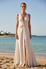 Luxury Striped Twist-Front Maxi Dress in Soft Ivory & Sand Stripe - Front View