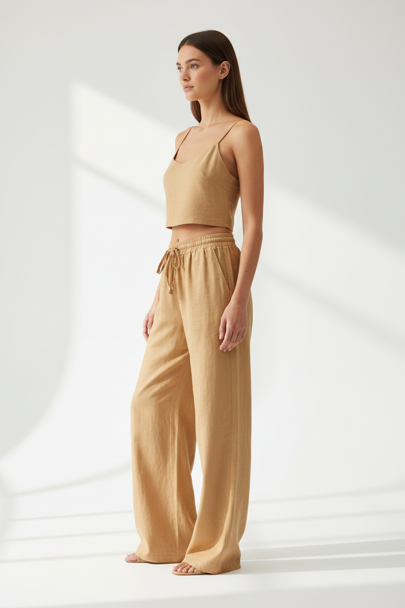 Luxury Minimal Linen Resort Set in Warm Sand Beige - Side Standing