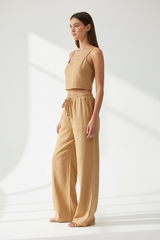 Luxury Minimal Linen Resort Set in Warm Sand Beige - Side Standing