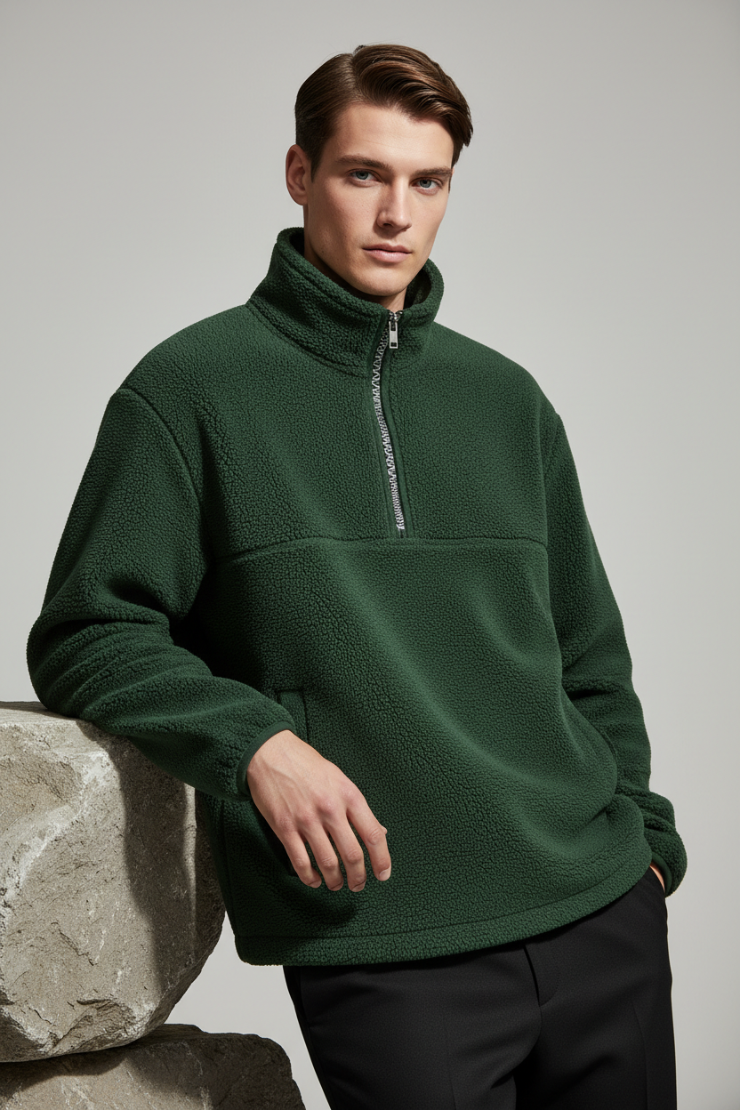 Luxury Fleece Half-Zip Pullover - Forest Moss Green - Three Quarter Editorial