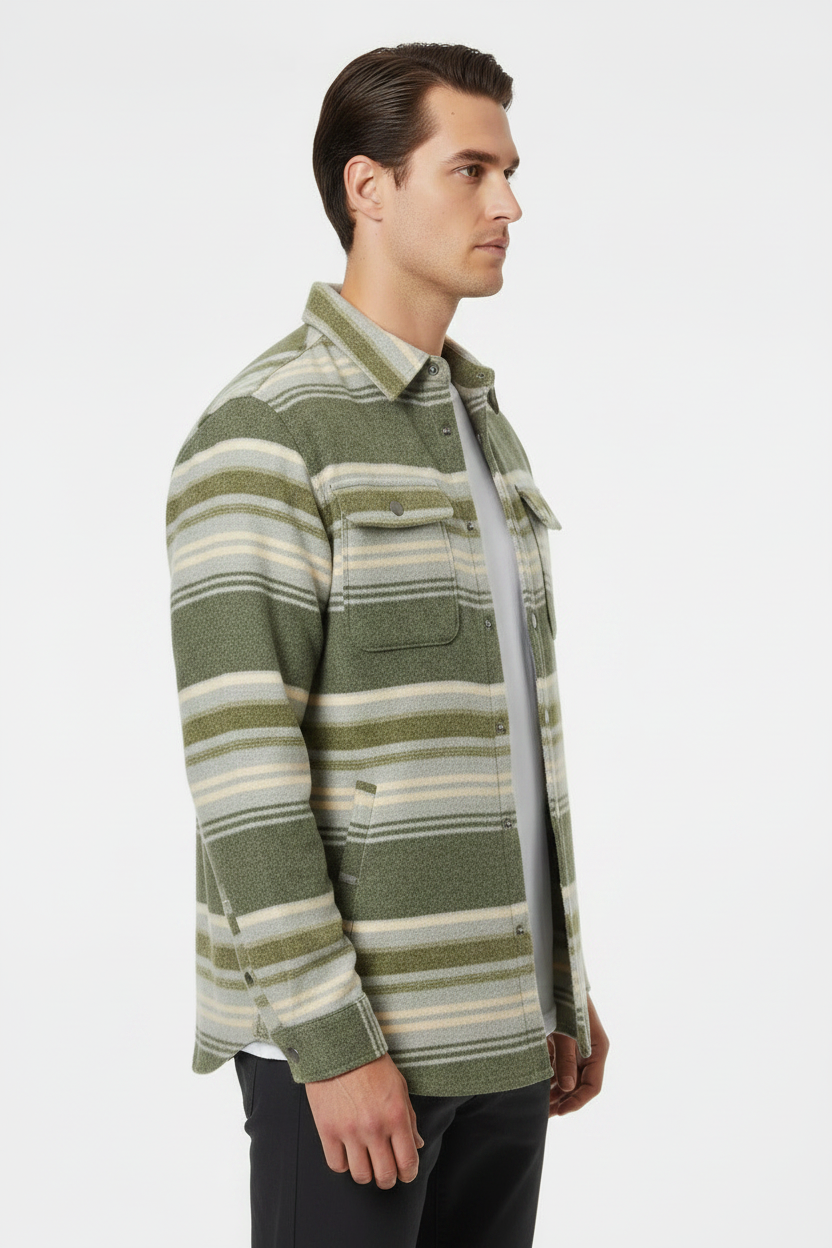 Luxury Striped Overshirt Jacket - Forest Olive Stripe - Side Angle