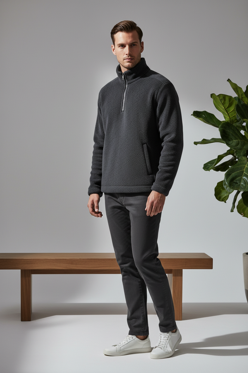 Luxury Fleece Half-Zip Pullover - Charcoal Midnight Grey - Three Quarter Editorial