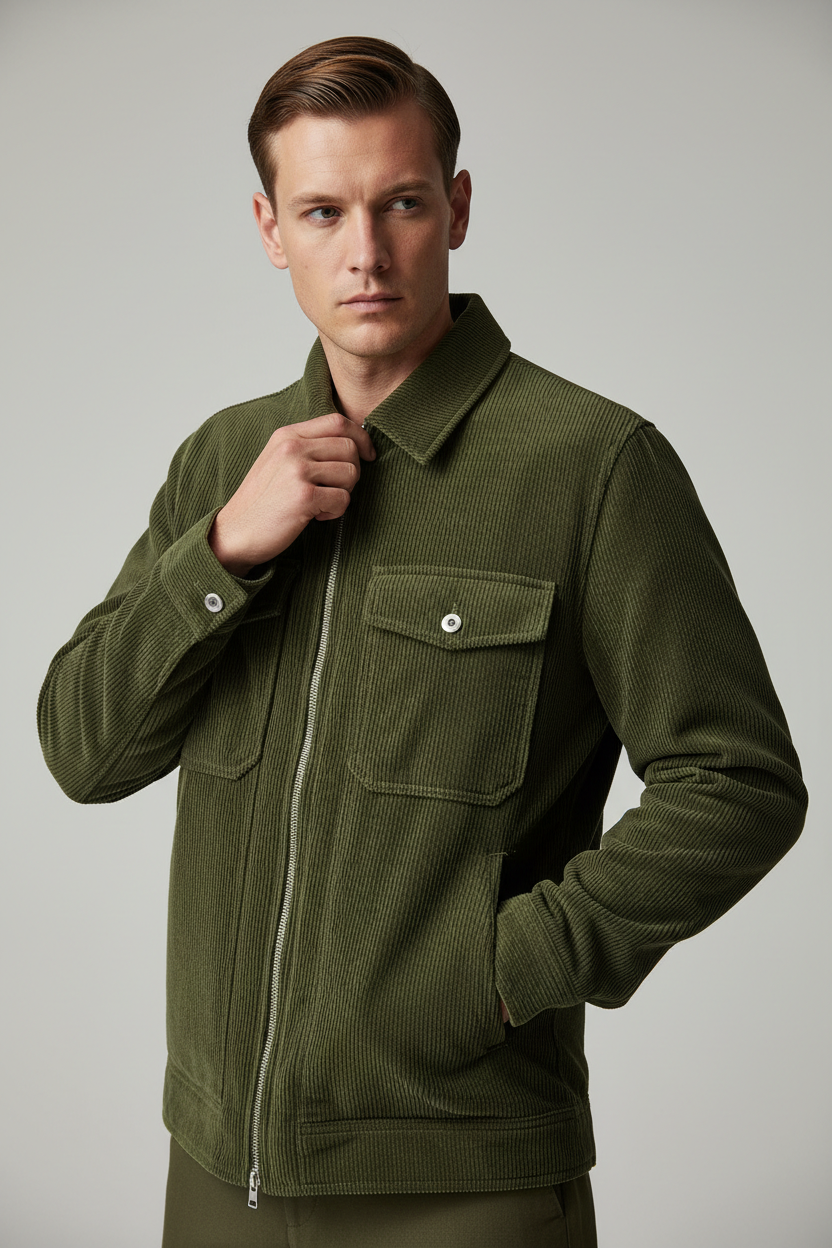Luxury Corduroy Zip-Up Jacket - Olive Forest Green - Three Quarter Editorial