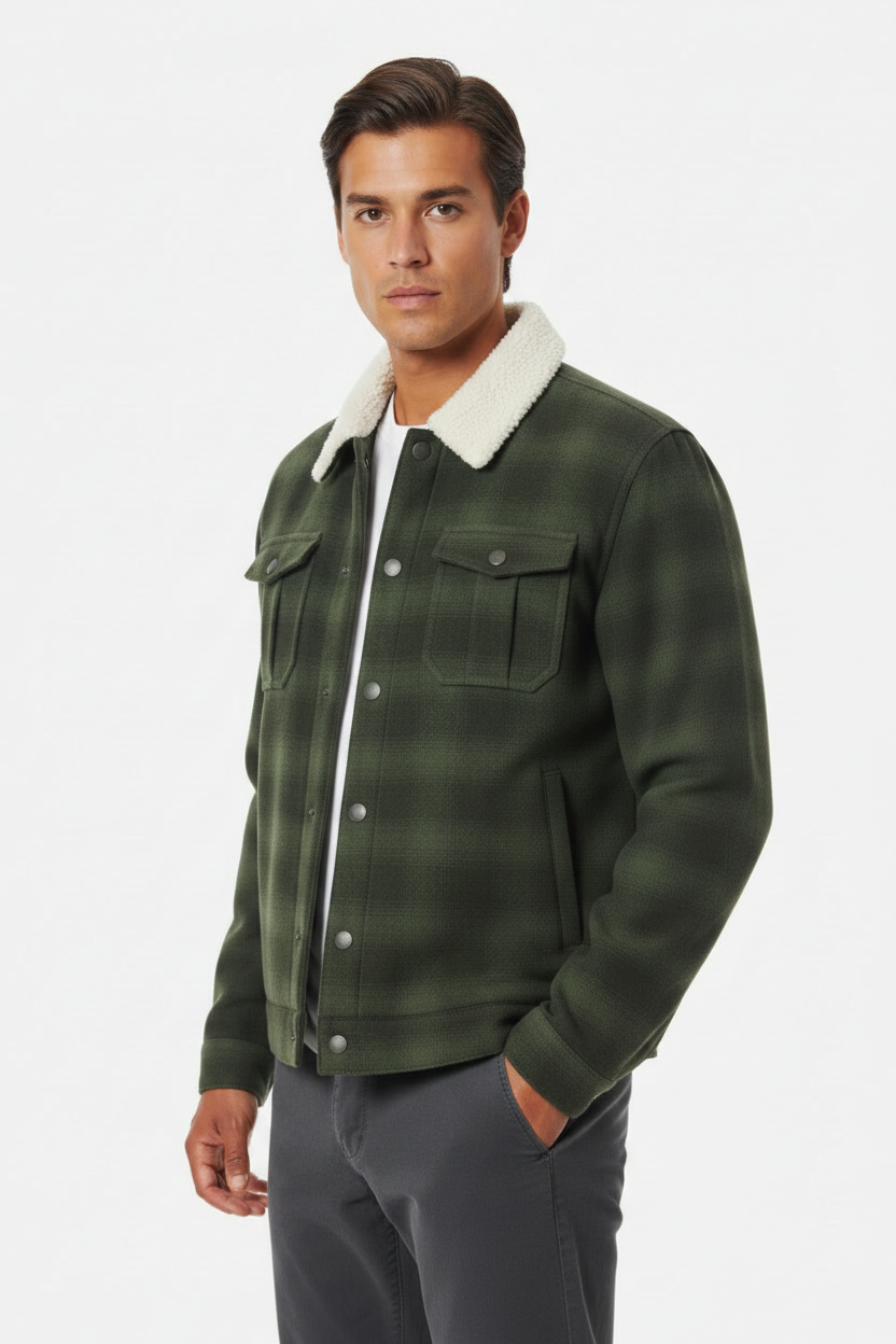 Luxury Plaid Sherpa-Collar Trucker Jacket - Forest Moss Green - Three Quarter