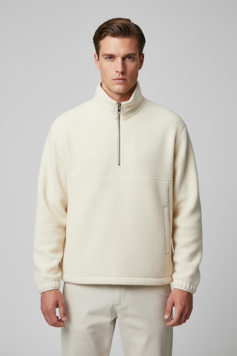 Luxury Fleece Half-Zip Pullover - Soft Ivory Cream - Front Full Body