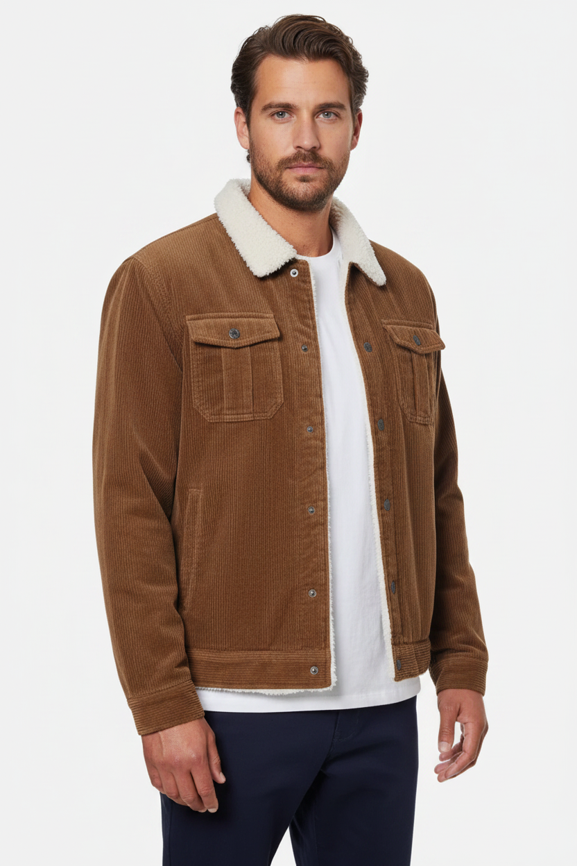 Luxury Sherpa-Collar Corduroy Trucker Jacket - Warm Tobacco Brown - Front Full Body