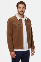 Luxury Sherpa-Collar Corduroy Trucker Jacket - Warm Tobacco Brown - Front Full Body