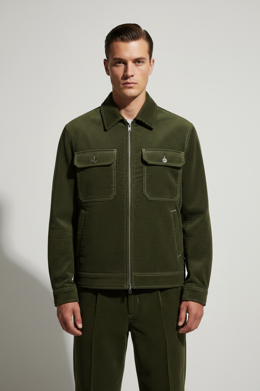 Luxury Corduroy Zip-Up Jacket - Olive Forest Green - Front Full Body