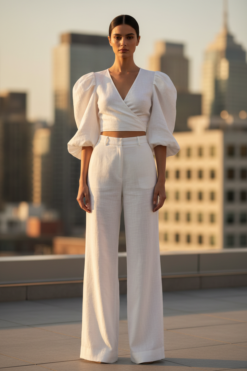Luxury Tailored Puff-Sleeve Pants Co-ord Set in Soft Coconut White - Front Full Body