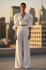 Luxury Tailored Puff-Sleeve Pants Co-ord Set in Soft Coconut White - Front Full Body