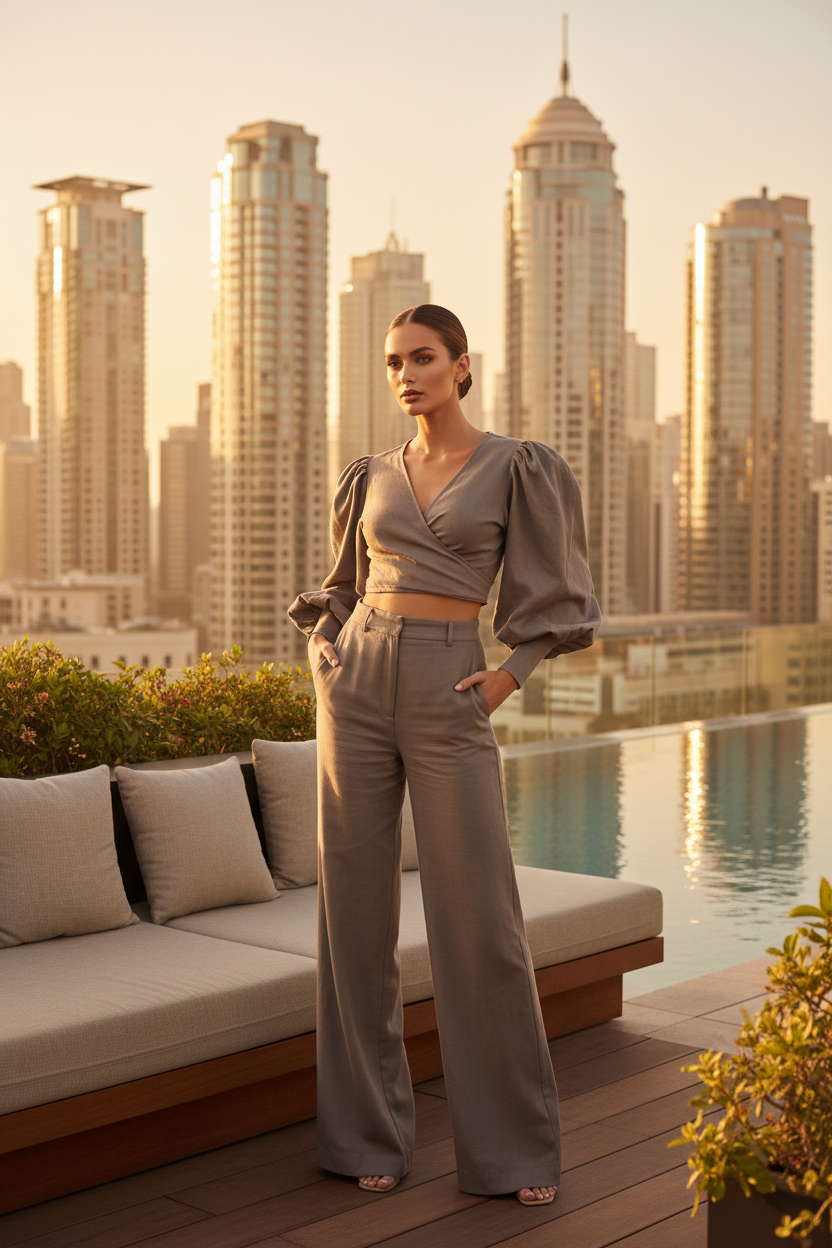 Luxury Tailored Puff-Sleeve Pants Co-ord Set in Muted Stone Taupe - Lifestyle Campaign