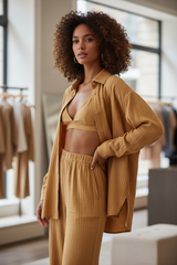 Luxury Minimal Cotton Resort Set in Golden Sand Clay - Three Quarter Editorial