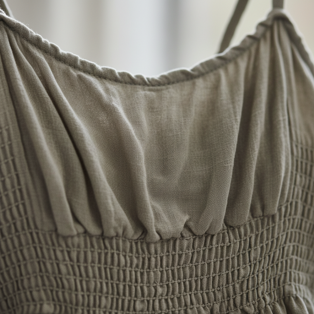 Luxury Smocked Camisole & Summer Shirt Set in Muted Sage Nude - Smocked Detail