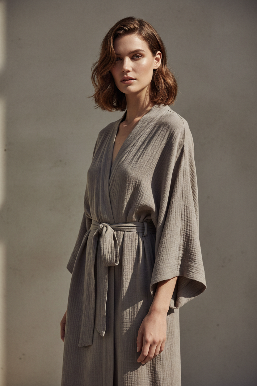 Luxury Lounge Robe Dress in Muted Stone Taupe - Three Quarter Editorial