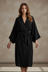 Luxury Lounge Robe Dress in Midnight Black - Front Full Body